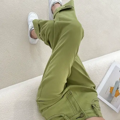 绿色直筒牛仔裤女翻边小众春秋新款高腰窄版显瘦九分小个子烟管裤商品大图