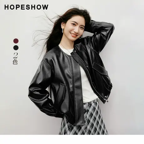 红袖2025秋季新款女装 工装风多口袋落肩长袖圆领短款PU皮外套图片