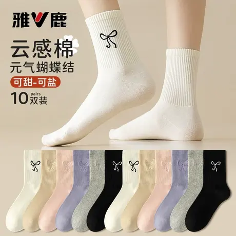 袜子女秋冬季厚纯色棉袜防臭透气运动中筒袜甜美蝴蝶结街头长袜子商品大图