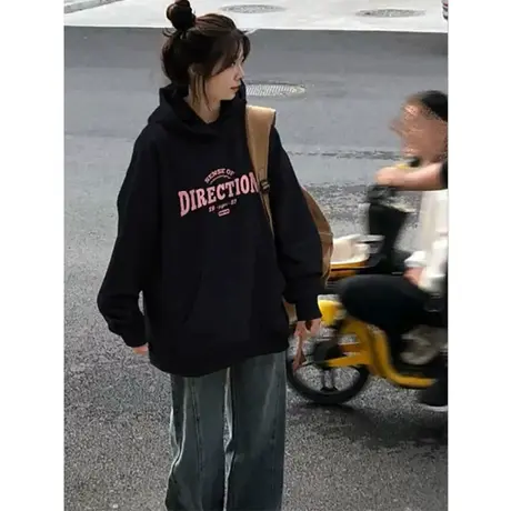 美式复古连帽卫衣女春秋冬设计感小众宽松韩系慵懒风加绒加厚外套商品大图