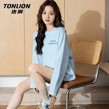 唐狮官方蓝色纯棉长袖t恤女2026新款春秋款女款圆领内搭打底衫VB商品大图
