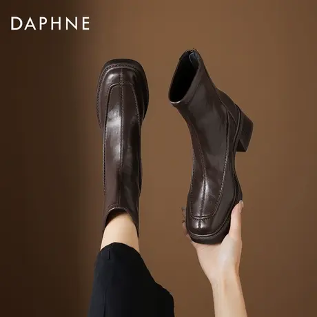 达芙妮棕色短靴女款2026新款冬季加绒粗跟瘦瘦英伦马丁靴高跟靴子商品大图