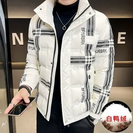 潮牌时尚冬季短款羽绒服男士保暖外套情侣潮流立领白鸭绒冬装防寒图片