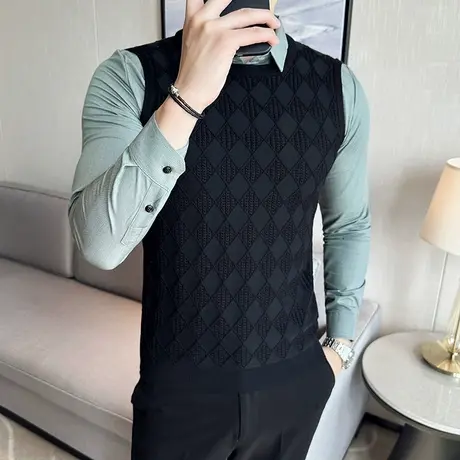 格纹提花针织衫拼接蓝绿领衬衫假两件毛衣秋冬保暖内搭套头线衫潮图片