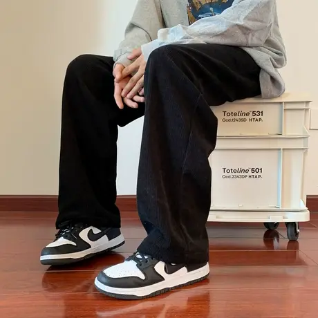 日系复古灯芯绒裤子男秋季潮牌宽松直筒休闲裤潮流垂感阔腿黑色裤商品大图