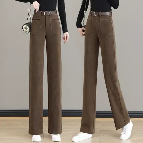 咖色雪尼尔阔腿裤女秋冬季新款高腰显瘦加绒小个子直筒灯芯绒裤商品大图