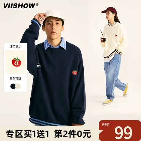 VIISHOW刺绣毛衣男士秋季新款日系圆领潮牌条纹宽松情侣装针织衫商品大图