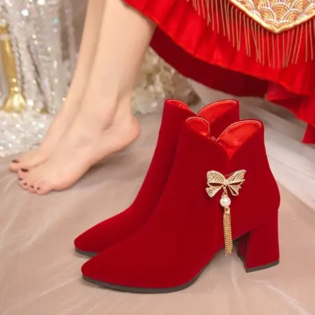 冬季婚鞋女2023新款秀禾服婚纱两穿粗跟结婚鞋新娘鞋高跟鞋不累脚图片