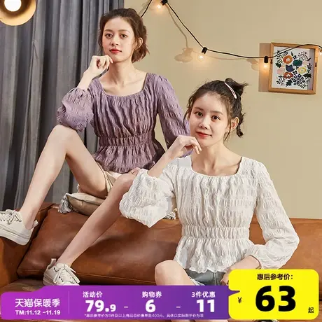唐狮2021春夏新款衬衫上衣女设计感小众法式雪纺衫方领长袖泡泡袖图片