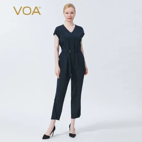 VOA真丝36姆米弹力重绉流光青影前拉链松紧腰带九分桑蚕丝连体裤商品大图