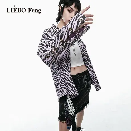 裂帛LIEBOFeng设计师品牌chic高街时髦斑马纹紫色刺绣短牛仔外套商品大图