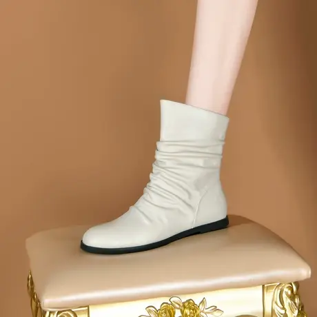 平底靴女2023新款堆堆靴小圆头复古西部靴休闲大码百搭真皮短靴子商品大图