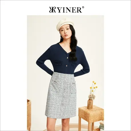 YINER音儿女装冬季撞色拼接粗花呢含绵羊毛连衣裙图片