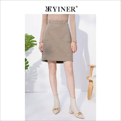 Goodland美地女装冬季高腰显瘦千鸟格包臀A字半身裙图片