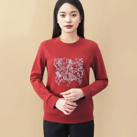 无帽小领口套头卫衣女酒红色圆领长袖秋图片