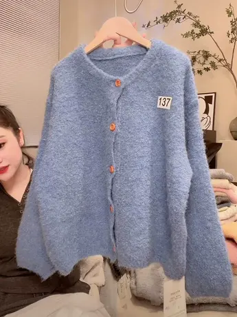 2023秋装新款女装韩版宽松显瘦纯色简约圆领针织开衫外套百搭上衣商品大图