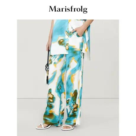 【6A级桑蚕丝】玛丝菲尔2023年夏季新款艺术感蝴蝶印花直筒休闲裤商品大图