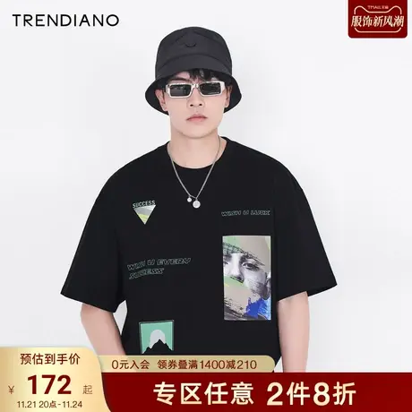 TRENDIANO官方潮牌男装上衣时尚剪影人像slogan印花宽松短袖T恤男商品大图