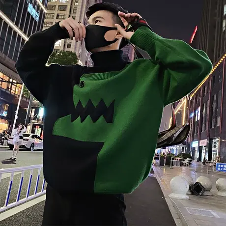 网红爆款高领毛衣男秋冬季ins个性宽松慵懒风拼色恐龙针织衫线衣商品大图