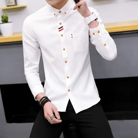 秋季男士长袖衬衫韩版修身潮流印花青年商务休闲男装衬衣薄款寸衫商品大图