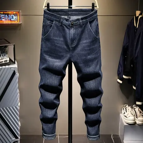 秋季新款高档简约百搭潮牌蓝色牛仔裤男士直筒修身小脚裤潮流显瘦商品大图