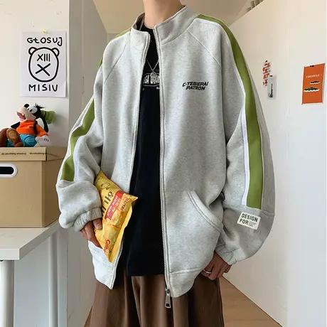 美式复古宽松卫衣男春秋季ins拼接撞色外套潮流2024新款拉链开衫商品大图