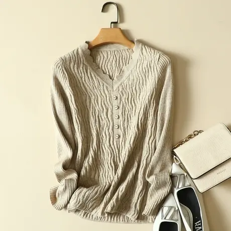 新款花边V领树皮提花针织衫女士秋冬百搭套头毛衣气质长袖打底衫图片