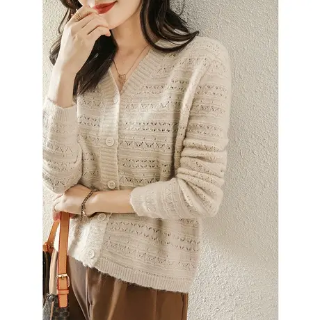 镂空针织衫女士毛衣开衫2023年新款春秋季薄款小外套提花短款外搭商品大图