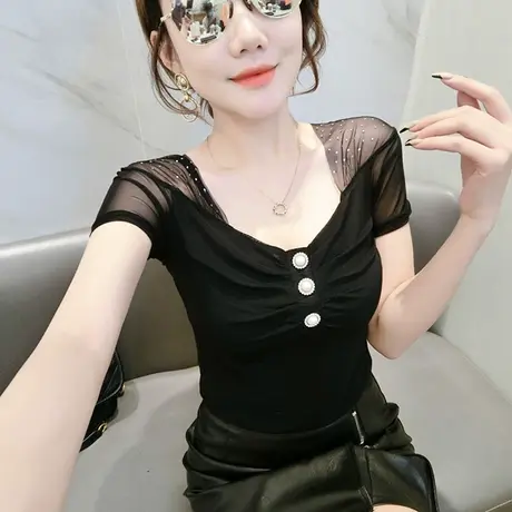 性感V领T恤女短袖夏装2023新款设计感洋气上衣修身显瘦网纱小衫潮图片