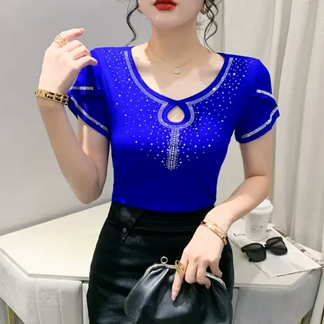 欧货烫钻上衣女夏季性感V领网纱T恤时尚镂空紧身小衫百搭气质半袖图片