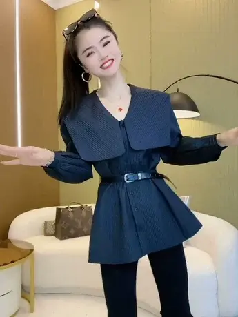 韩版设计感海军领显瘦收腰衬衫女2023春季宽松时尚腰带长袖衬衣潮商品大图