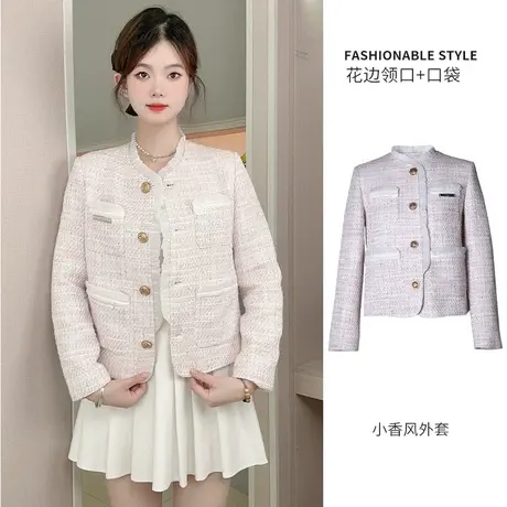 秋季小香风宽松长袖格子外套图片