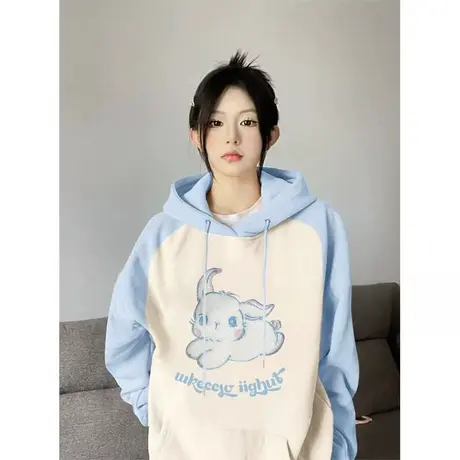 撞色落肩连帽卫衣女春秋薄款小众设计感宽松美式复古oversize外套商品大图