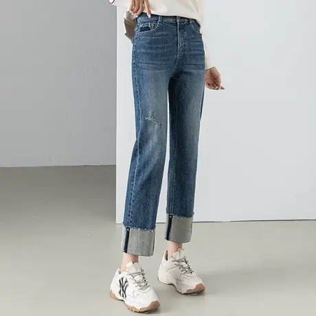 翻边小直筒牛仔裤女小个子八分2024年新款春秋女裤窄版九分烟管裤商品大图