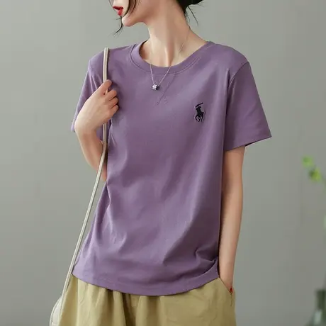 dza复古纯色短袖T恤女2023夏季宽松圆领打底体恤休闲显瘦套头上衣商品大图