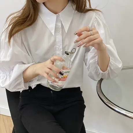 春季韩版复古尖领双节七分袖白衬衫女宽松设计感小众叠穿纯棉衬衣图片