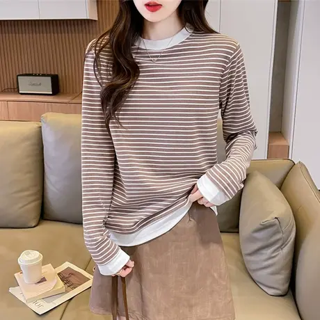 德绒保暖长袖t恤女秋冬修身加绒小个子条纹内搭假两件打底衫上衣图片