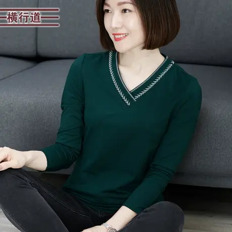 v领纯色刺绣休闲宽松2025大码女装春装上衣体恤打底衫t恤春季小衫商品大图