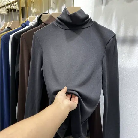 高领德绒打底衫女内搭上衣服秋冬洋气百搭加厚加绒长袖t恤女ins潮商品大图