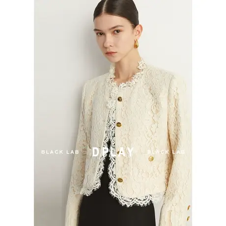 DPLAY黑标轻奢名媛奶油杏重磅立体股线蕾丝复合小香风短外套商品大图