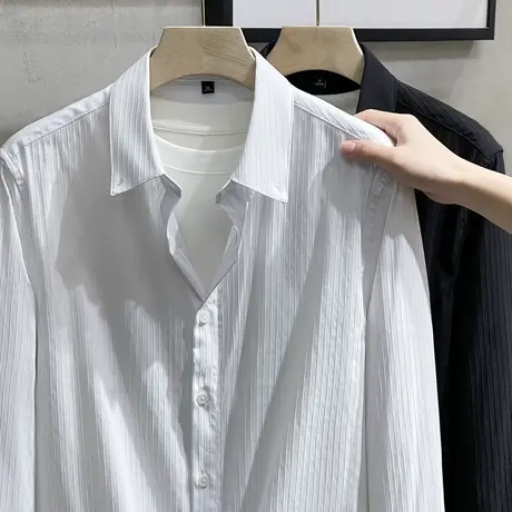 肌理感条纹翻领衬衫男长袖白色韩版休闲高级感免烫男士文艺衬衣商品大图