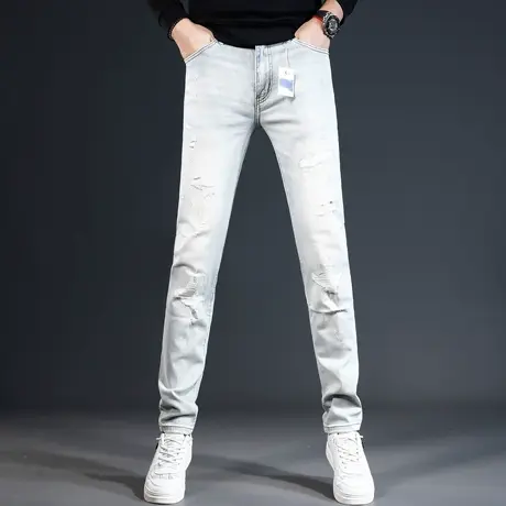 浅色破洞牛仔裤男秋冬季2023新款潮流补丁修身小脚弹力百搭裤子男商品大图