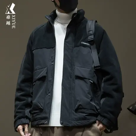 希越工装风拼接棉衣秋冬保暖加厚男士外套宽松大码黑色立领棉服潮商品大图
