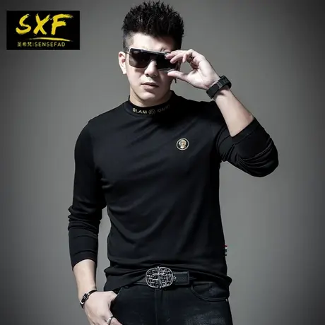 SXF圣希梵t恤男长袖 圆领烫钻百搭打底上衣2023新款修身男士体恤商品大图