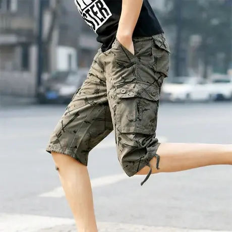 男士纯棉中裤工装裤休闲短裤男大码宽松多口袋7分裤 户外运动耐磨商品大图