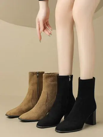 2023秋冬季新款韩版中筒尖头粗跟短靴高跟鞋显瘦裸靴学生弹力靴女图片