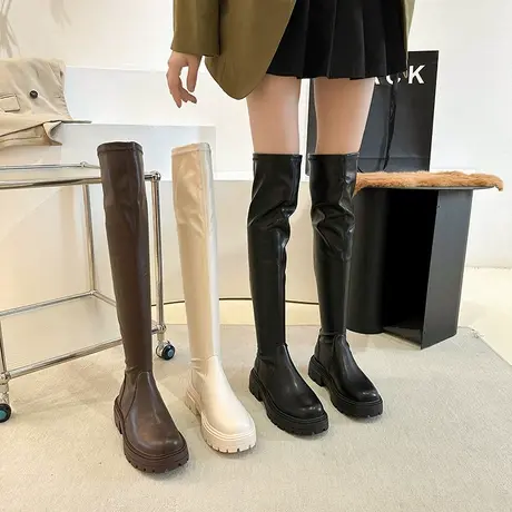 永希长筒靴女过膝2023年春秋季新款百搭法式骑士靴粗跟复古瘦瘦靴图片