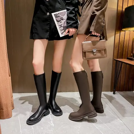 不过膝长靴女粗跟2024年秋冬新款时尚百搭小个子瘦瘦靴圆头长筒靴图片