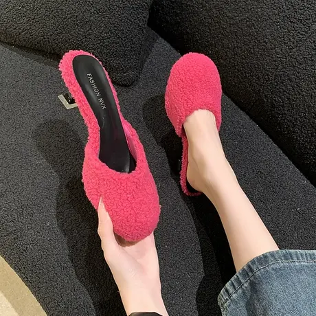 羊羔毛绒包头半拖鞋女外穿2023新款细跟高级感秋冬季毛毛鞋女鞋子商品大图