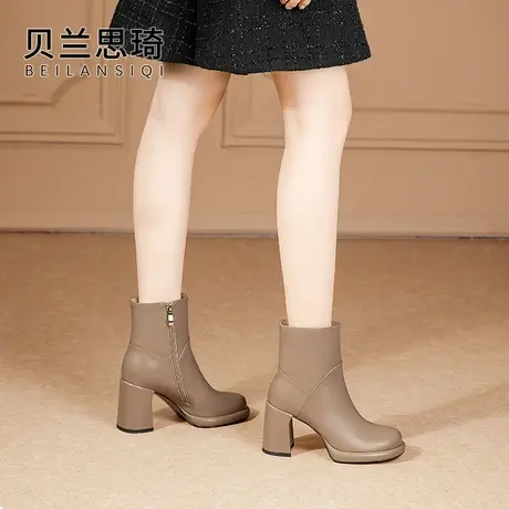 真皮圆头舒适底粗跟短靴女2023秋冬季新款软牛皮防水台高跟马丁靴图片